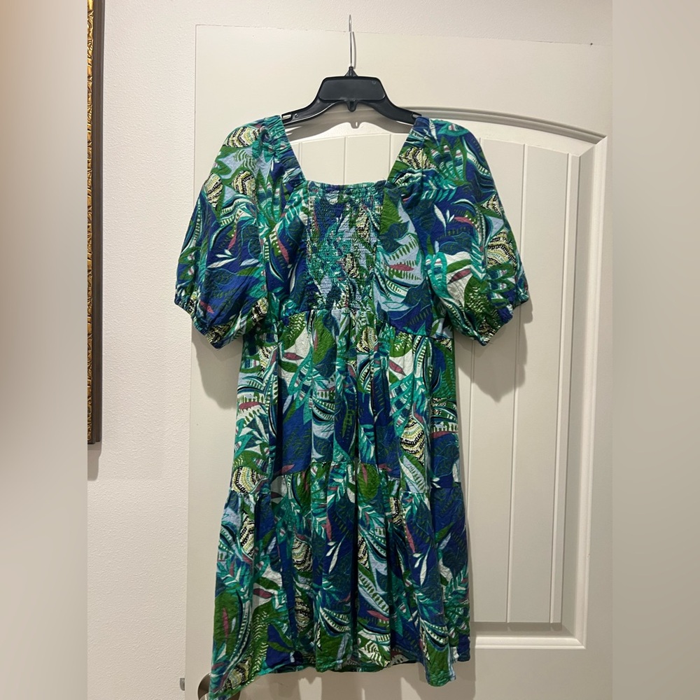 Mlle Gabrielle Blue and Green Leaf-Print Midi Dress